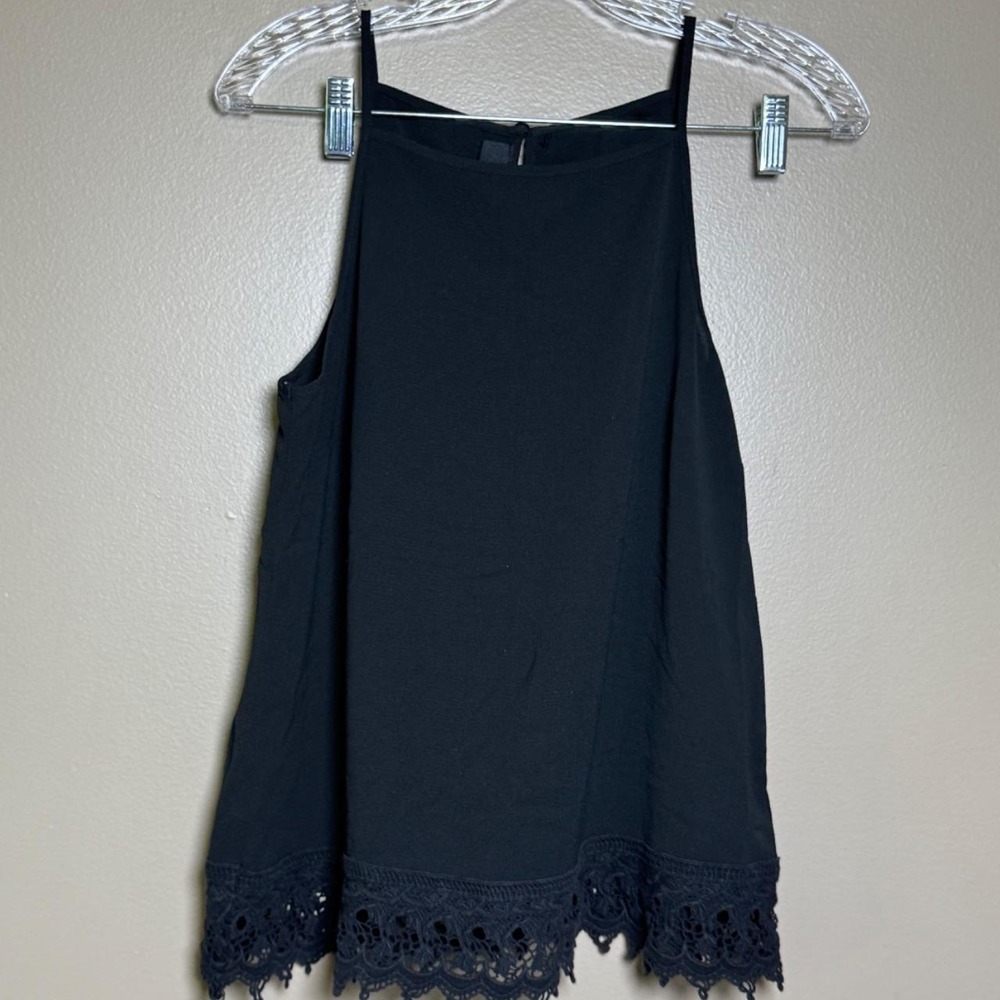 IZ Byer Womens Black High Neck Tank Blouse Lace Trim Sleeveless Top Size L